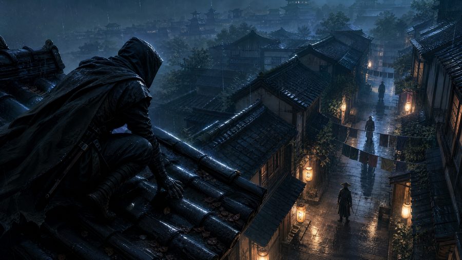 A cloaked infiltrator crouched on a rain-slick tiled rooftop above a narrow lantern-lit alley with guards below