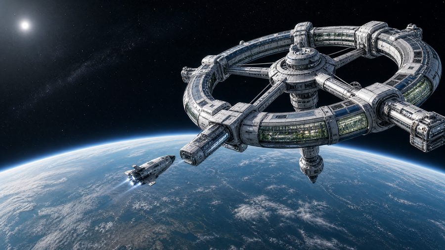 A modular ring-shaped orbital station with docking arms and greenhouse modules seen from outside above a pale blue planet