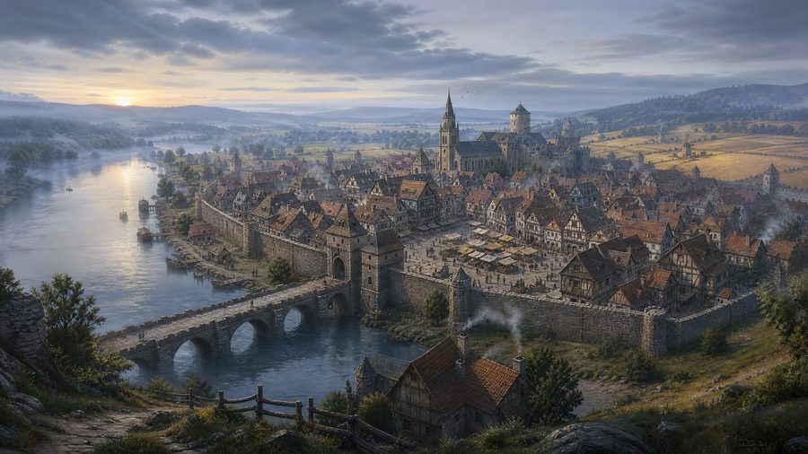 A walled river town at dawn seen from a hillside with a stone bridge, timber-framed houses and a market square