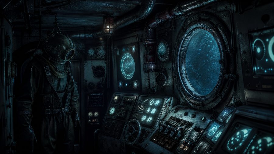 The interior of a cramped submarine control room lit by cold instrument glow