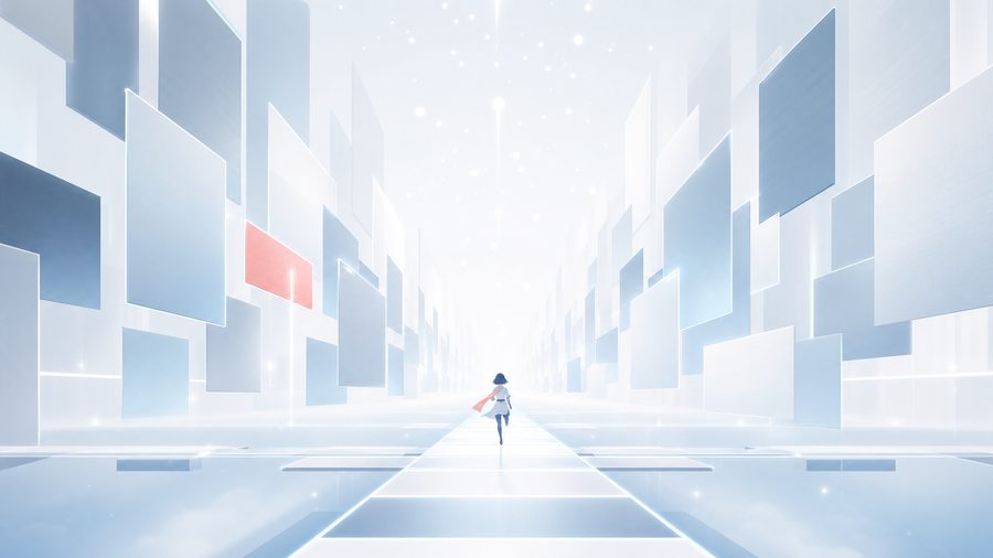 An abstract corridor of floating luminous panels with a small figure running along a light path