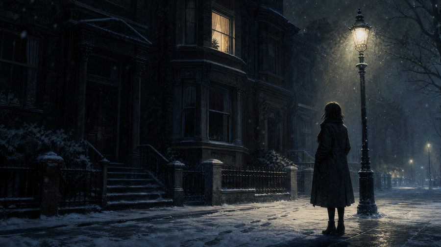 A woman in a wool coat standing under a streetlamp on a snow-dusted pavement at night