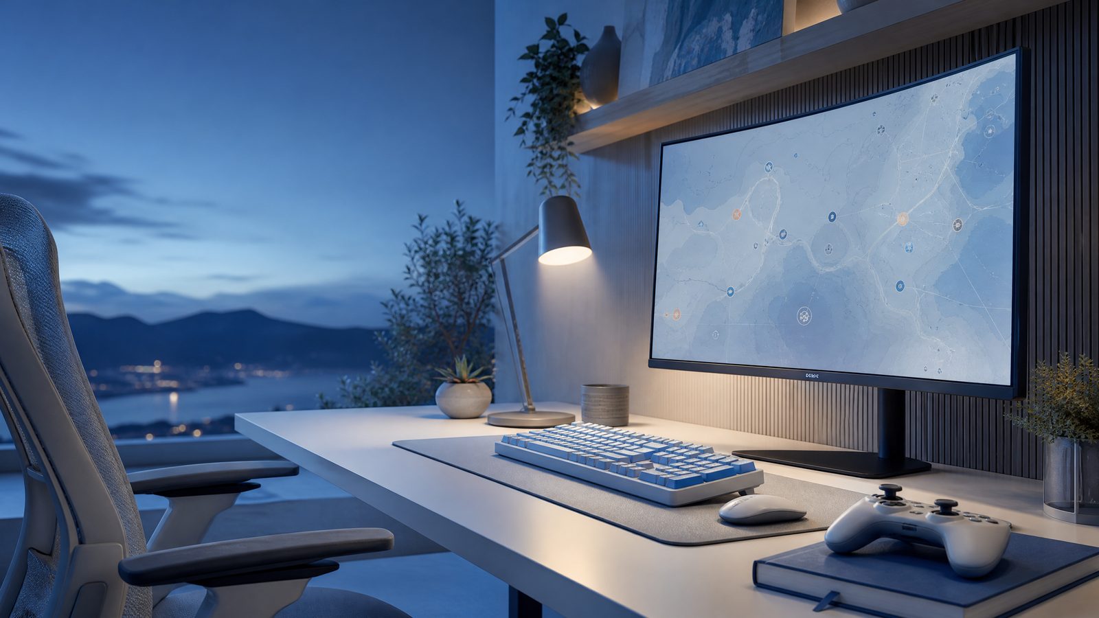 A clean modern study at blue hour with a curved monitor showing an abstract map interface