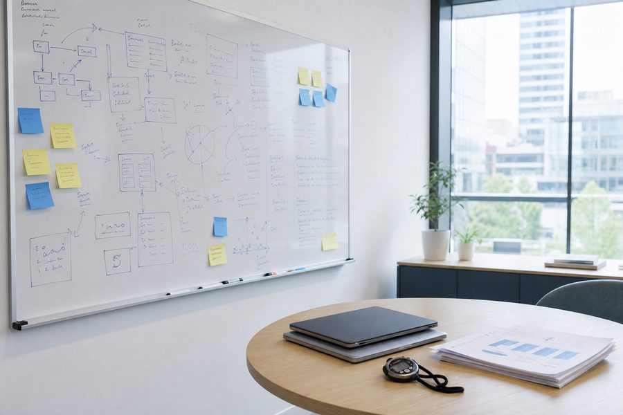 A whiteboard covered in diagrams and sticky notes beside a table with laptops, a stopwatch and printed spreadsheets